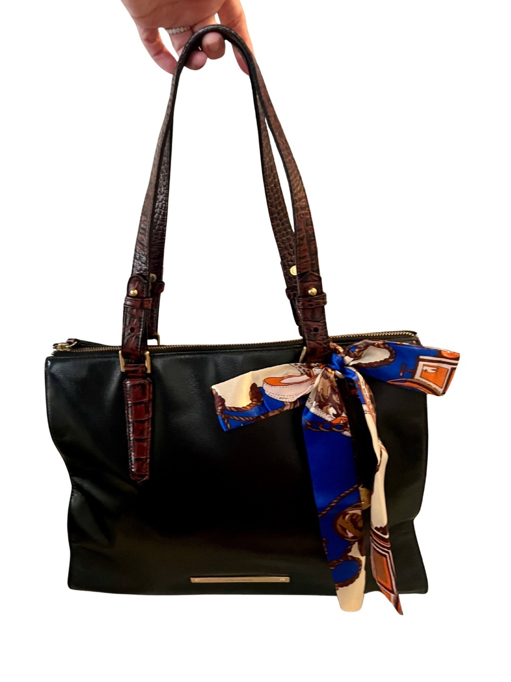Brahmin Arno Tuscan Black Leather Tote Bag Pecan Croc Trim Vintage